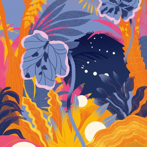 Abstract tropical plant leaves in orange and blue hues by Gina Rosas Moncada