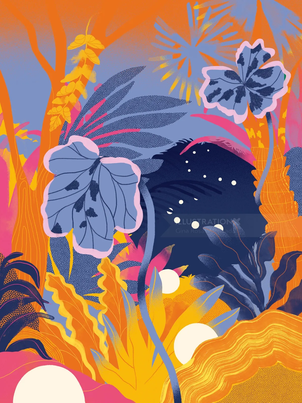 Folhas abstratas de plantas tropicais em tons de laranja e azul por Gina Rosas Moncada