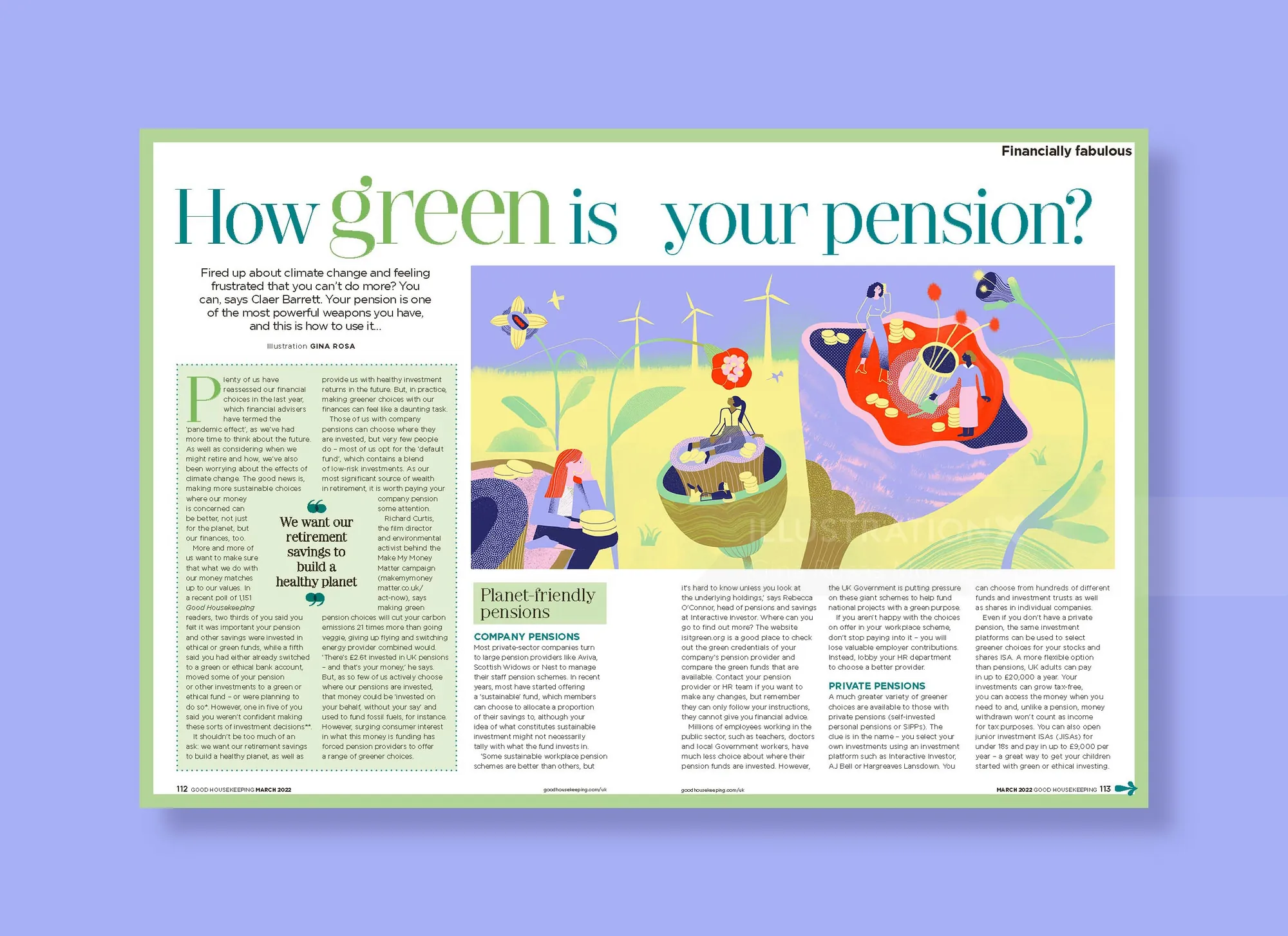 Editorial illustration by Gina Rosas Moncada accompanying a feature about sustainable pensions.