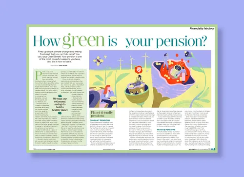 Editorial illustration by Gina Rosas Moncada accompanying a feature about sustainable pensions.