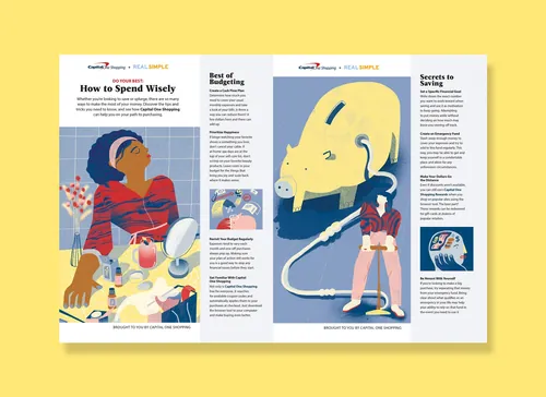 Personal finance editorial spread illustrated by Gina Rosas Moncada