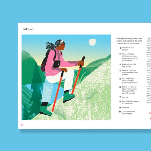 Illustration by Gina Rosas Moncada showing a skier crossing a snowy mountain landscape