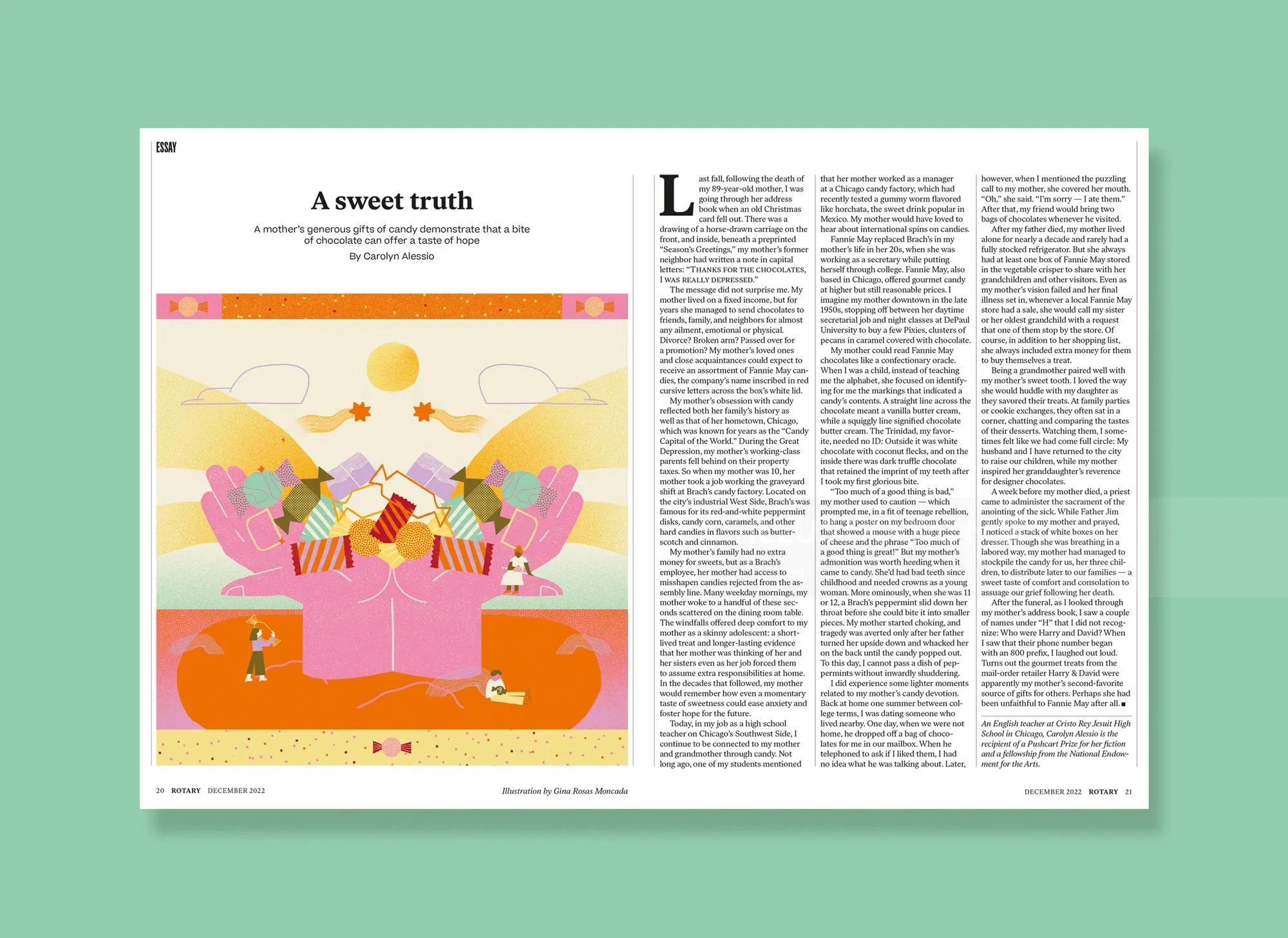 Magazine spread illustrated by Gina Rosas Moncada with colorful desserts and editorial text
