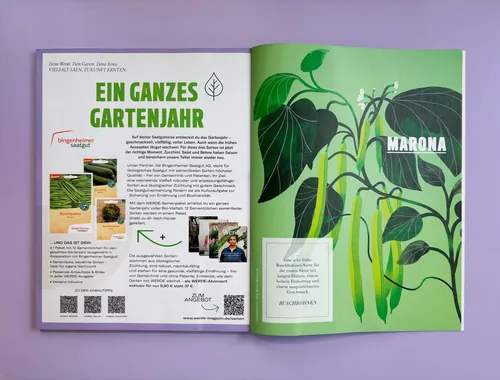 Magazine spread with botanical artwork by Gina Rosas Moncada