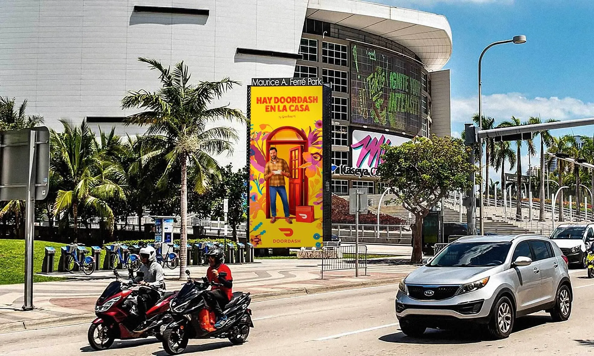 Gina Rosas Moncada photograph of a palm-lined street with billboard and vehicles