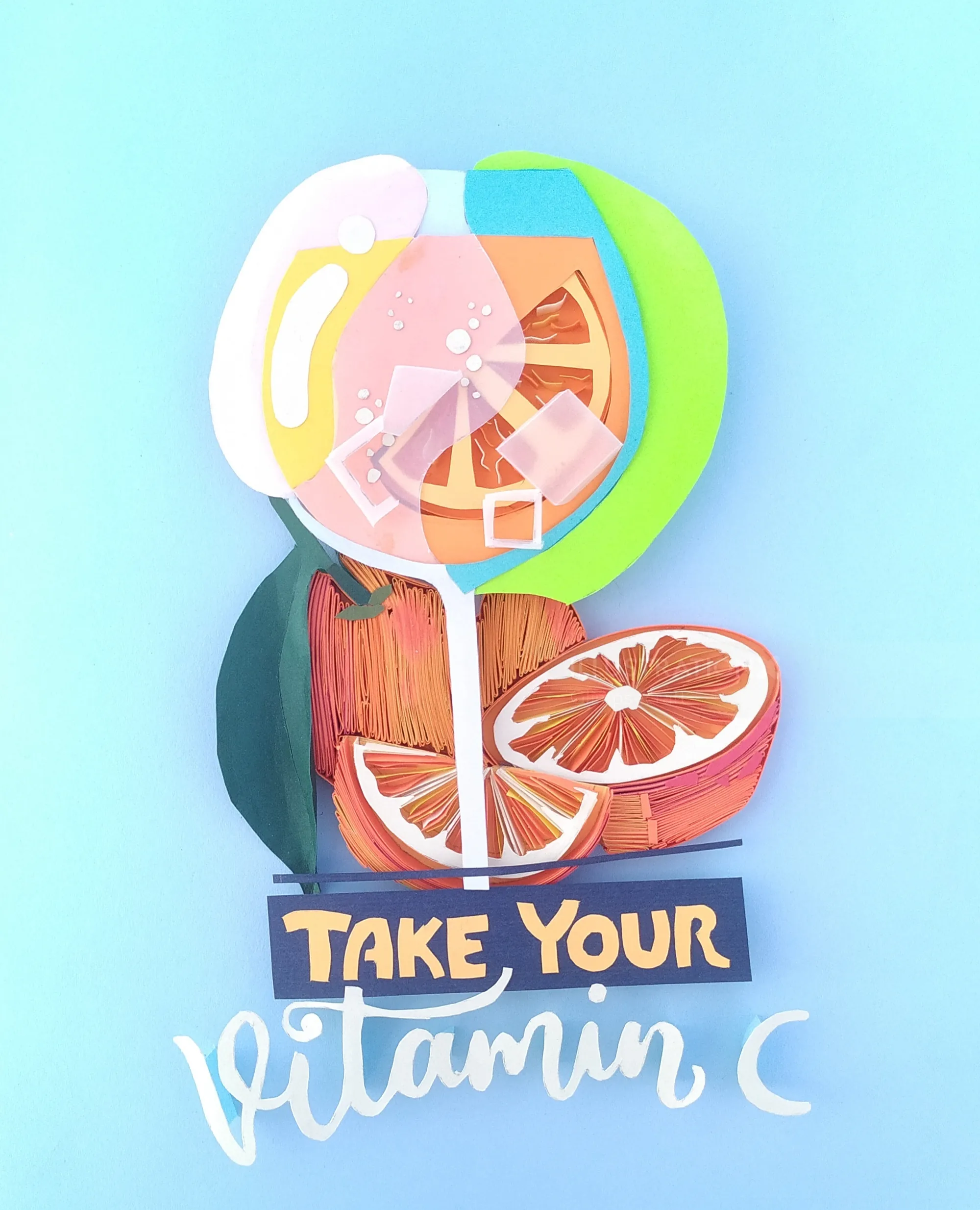 Colorful paper-cut citrus drink with ice and orange slices by Glimpsecraft