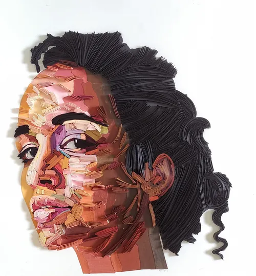 Paper-cut portrait of a woman with textured layered strips by Glimpsecraft