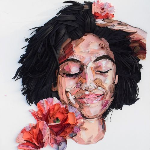 Paper-cut portrait of smiling woman with closed eyes and pink flowers by Glimpsecraft