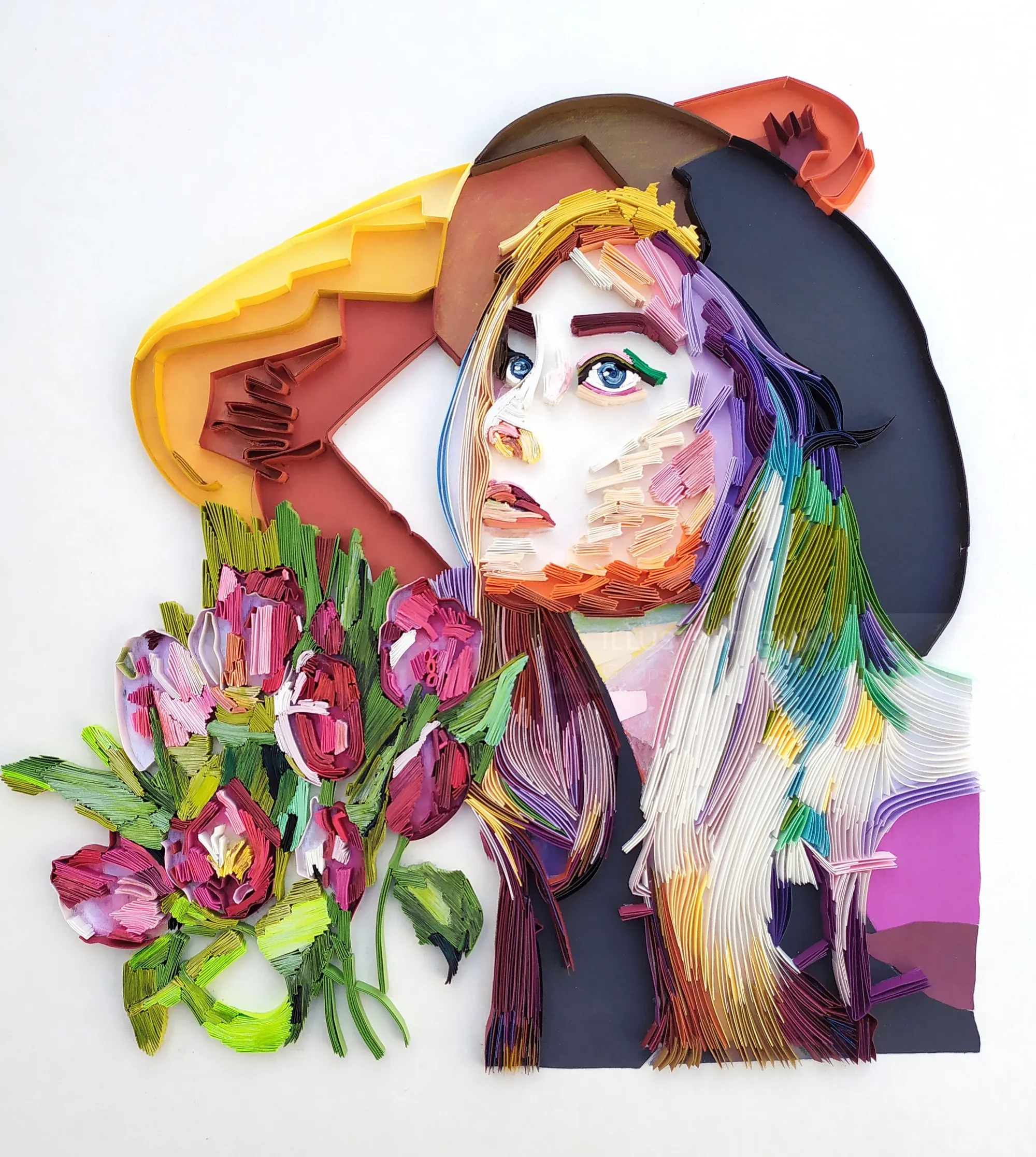 3D paper quilling art of woman with hat holding bouquet by Glimpsecraft