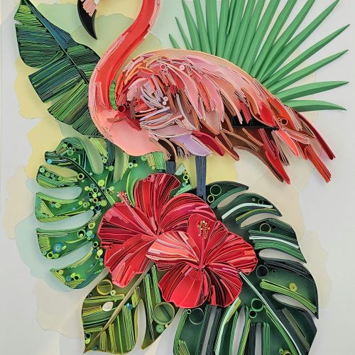 3D paper art of a pink flamingo with tropical leaves by Glimpsecraft