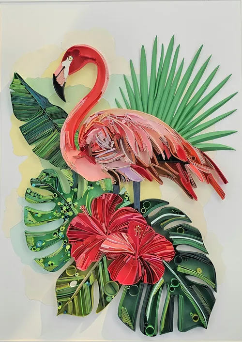 3D paper art of a pink flamingo with tropical leaves by Glimpsecraft