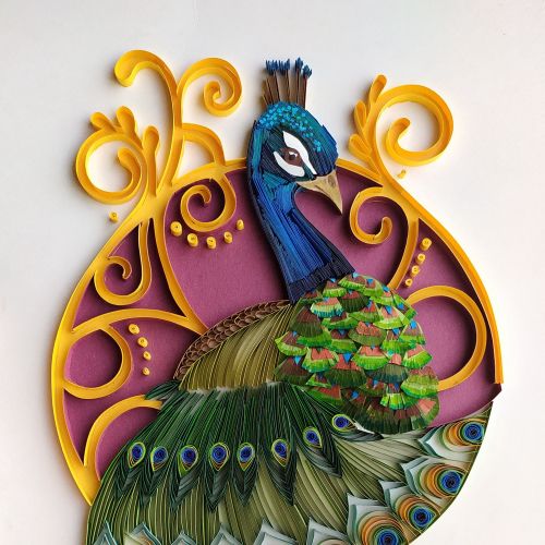 Intricate quilled peacock artwork by Glimpsecraft with vibrant feathers