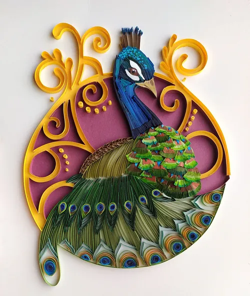 Intricate quilled peacock artwork by Glimpsecraft with vibrant feathers