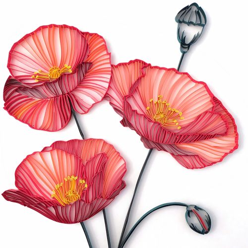 Three red poppies and two buds created using paper quilling by Glimpsecraft