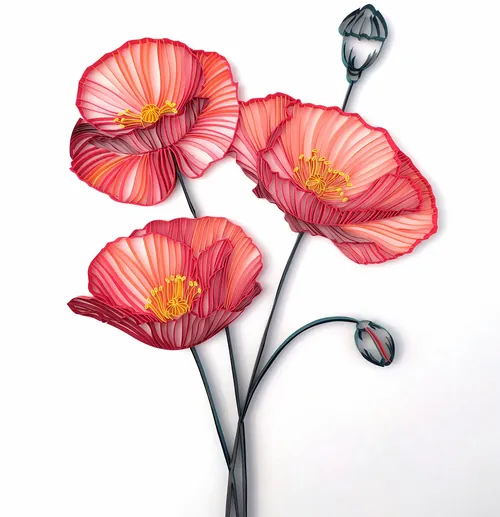 Three red poppies and two buds created using paper quilling by Glimpsecraft