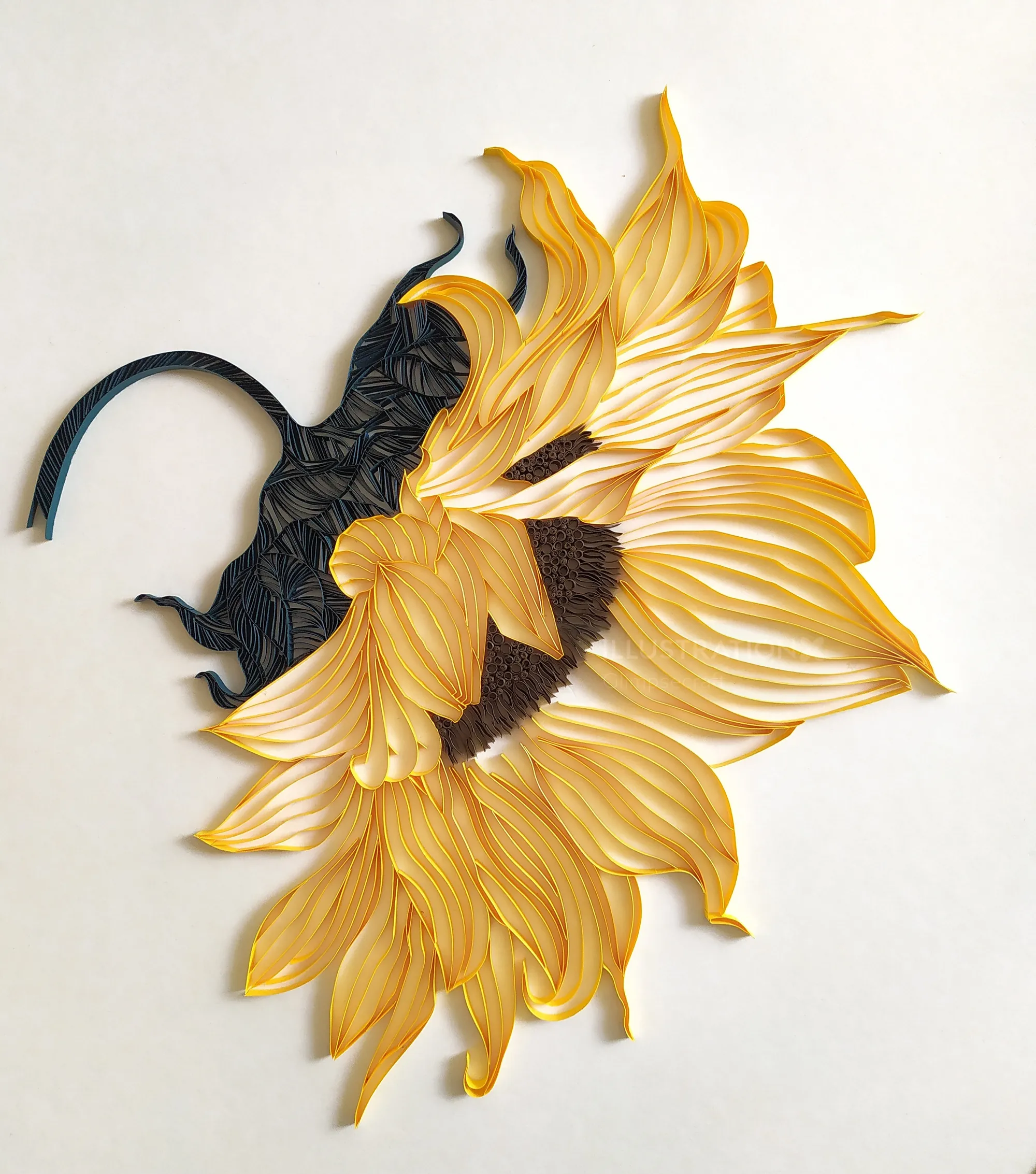 Paper quilling sunflower with yellow petals and dark brown center by Glimpsecraft
