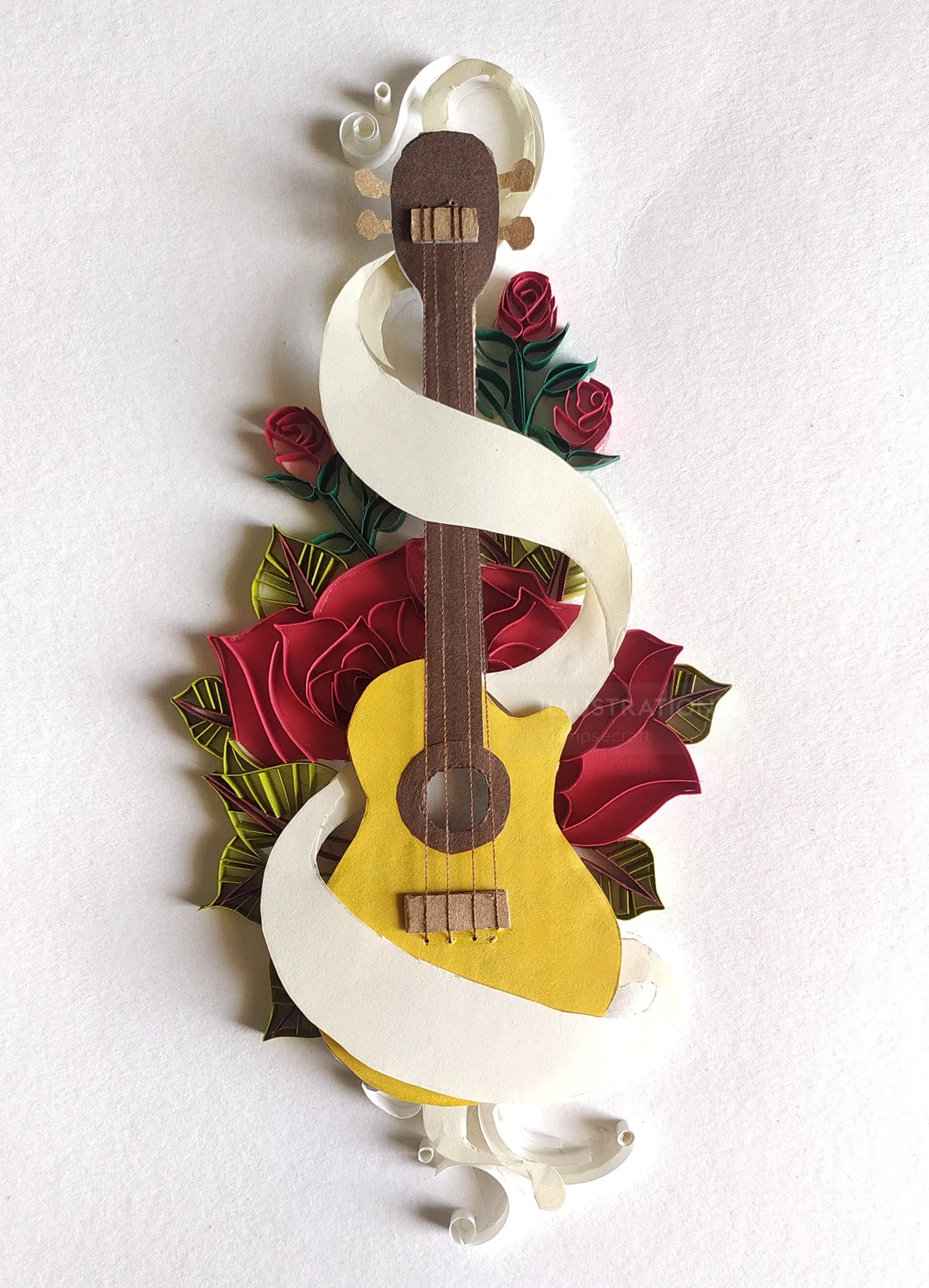 Quilled red roses and a yellow guitar with curled white accents by Glimpsecraft