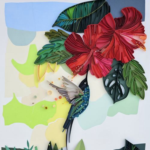 Quilled hummingbird near red flowers and green foliage by Glimpsecraft