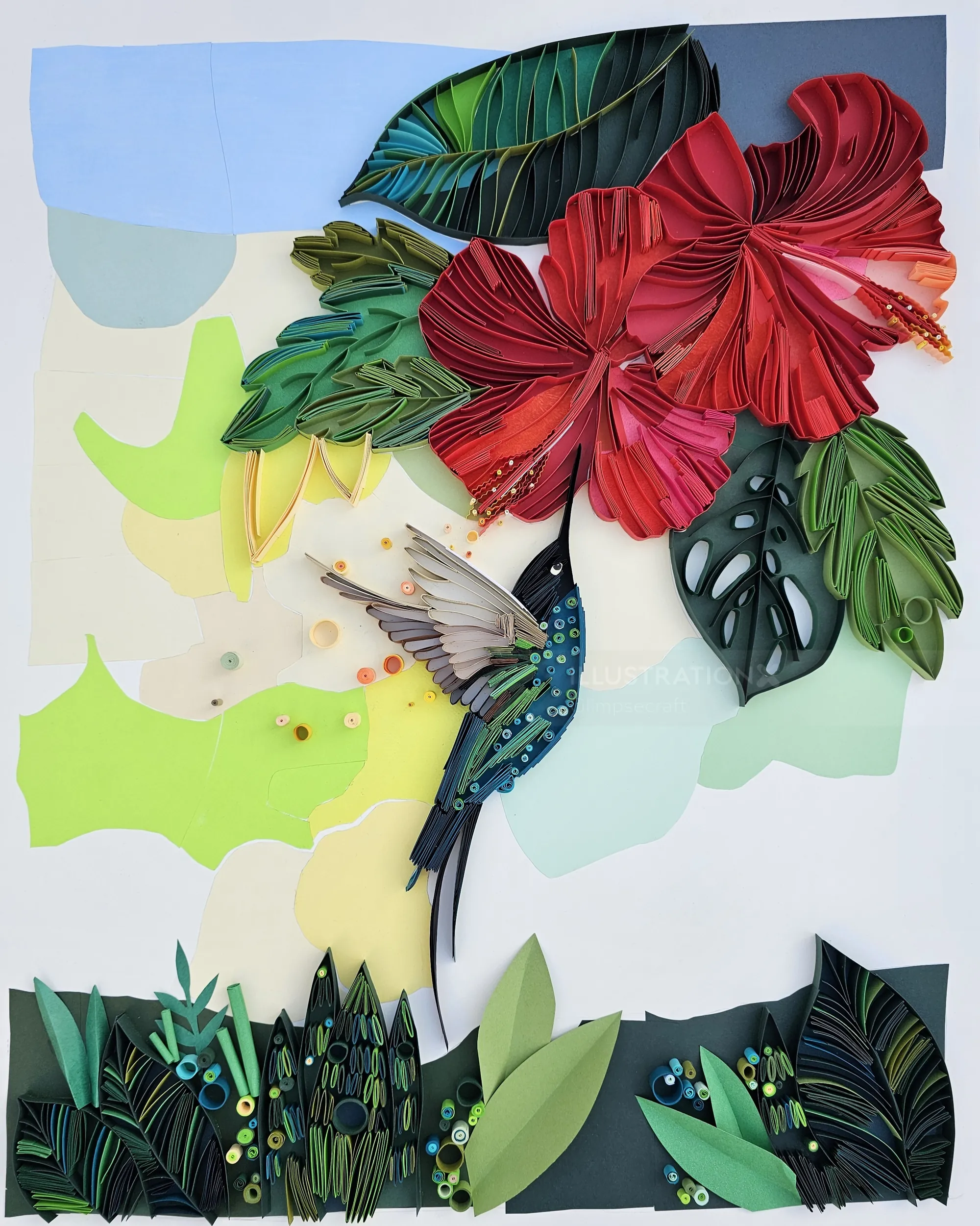 Quilled hummingbird near red flowers and green foliage by Glimpsecraft