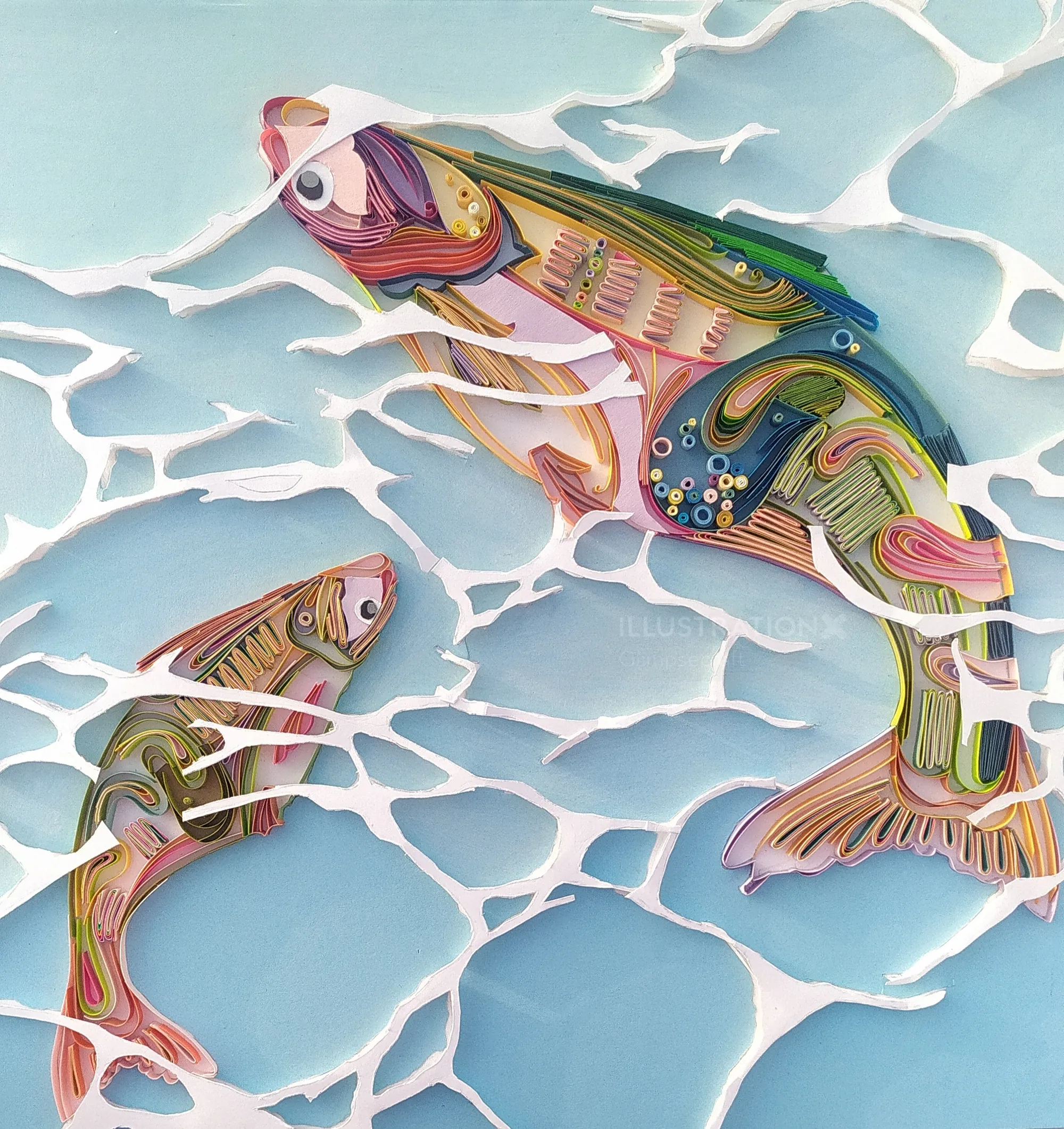 Two colorful fish crafted from paper quilling by Glimpsecraft