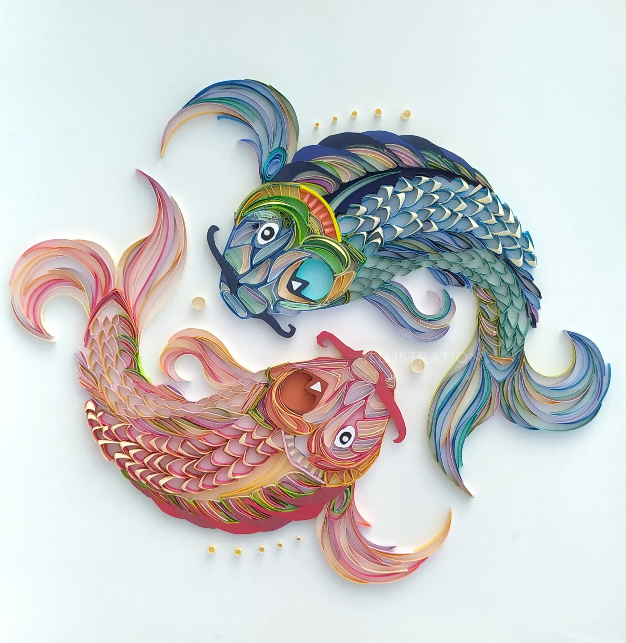 Two intricately quilled fish in vibrant colors by Glimpsecraft