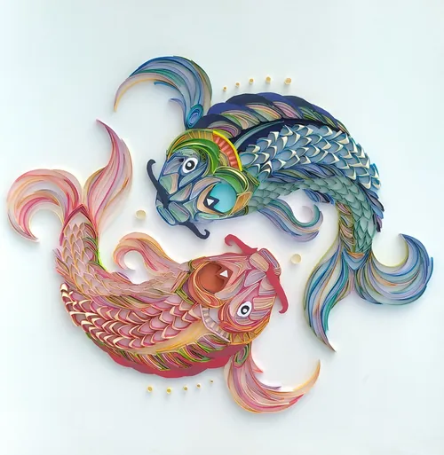 Two intricately quilled fish in vibrant colors by Glimpsecraft