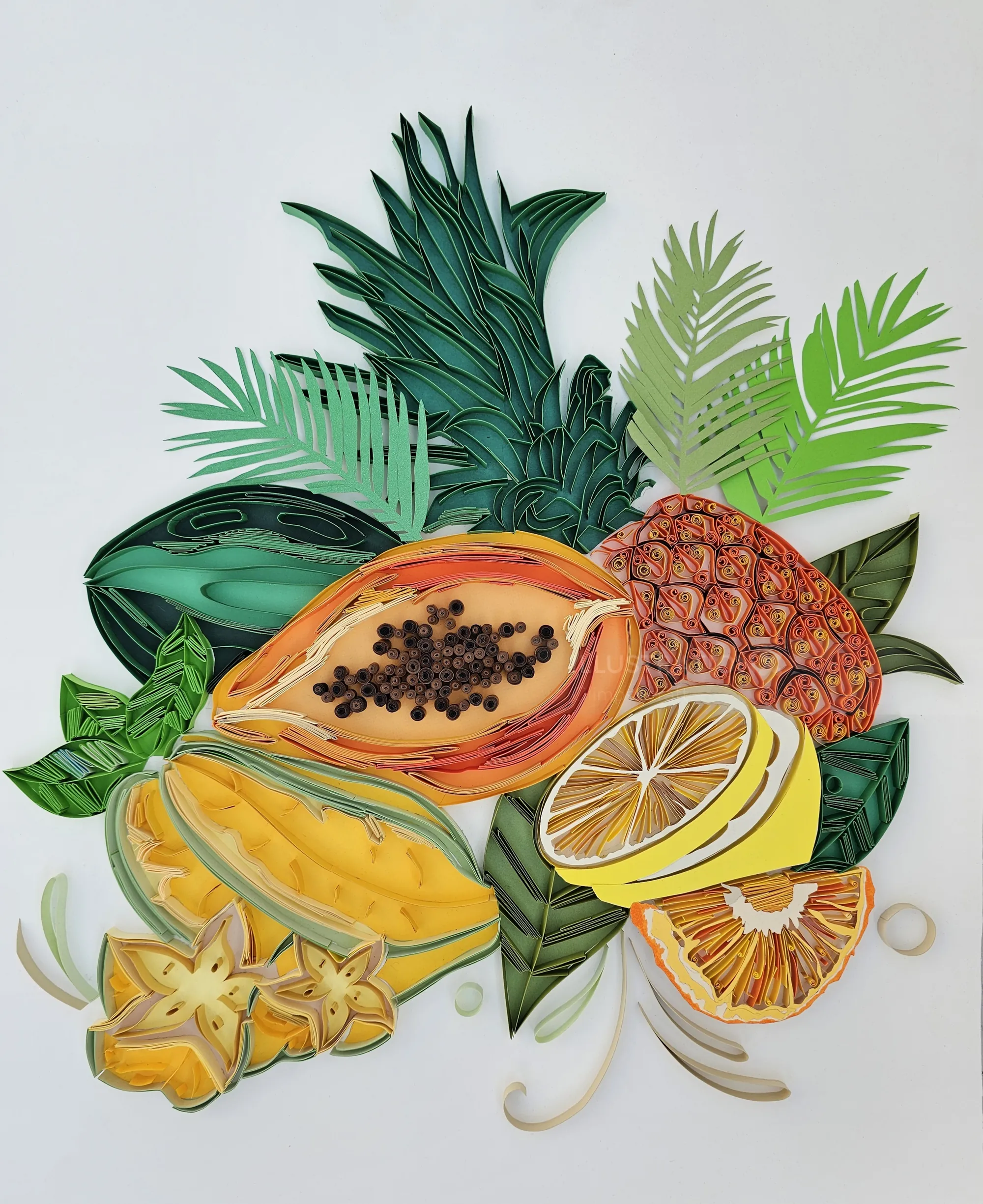 Tropical fruits and green leaves by Glimpsecraft