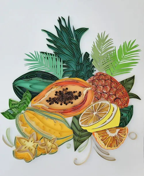 Tropical fruits and green leaves by Glimpsecraft