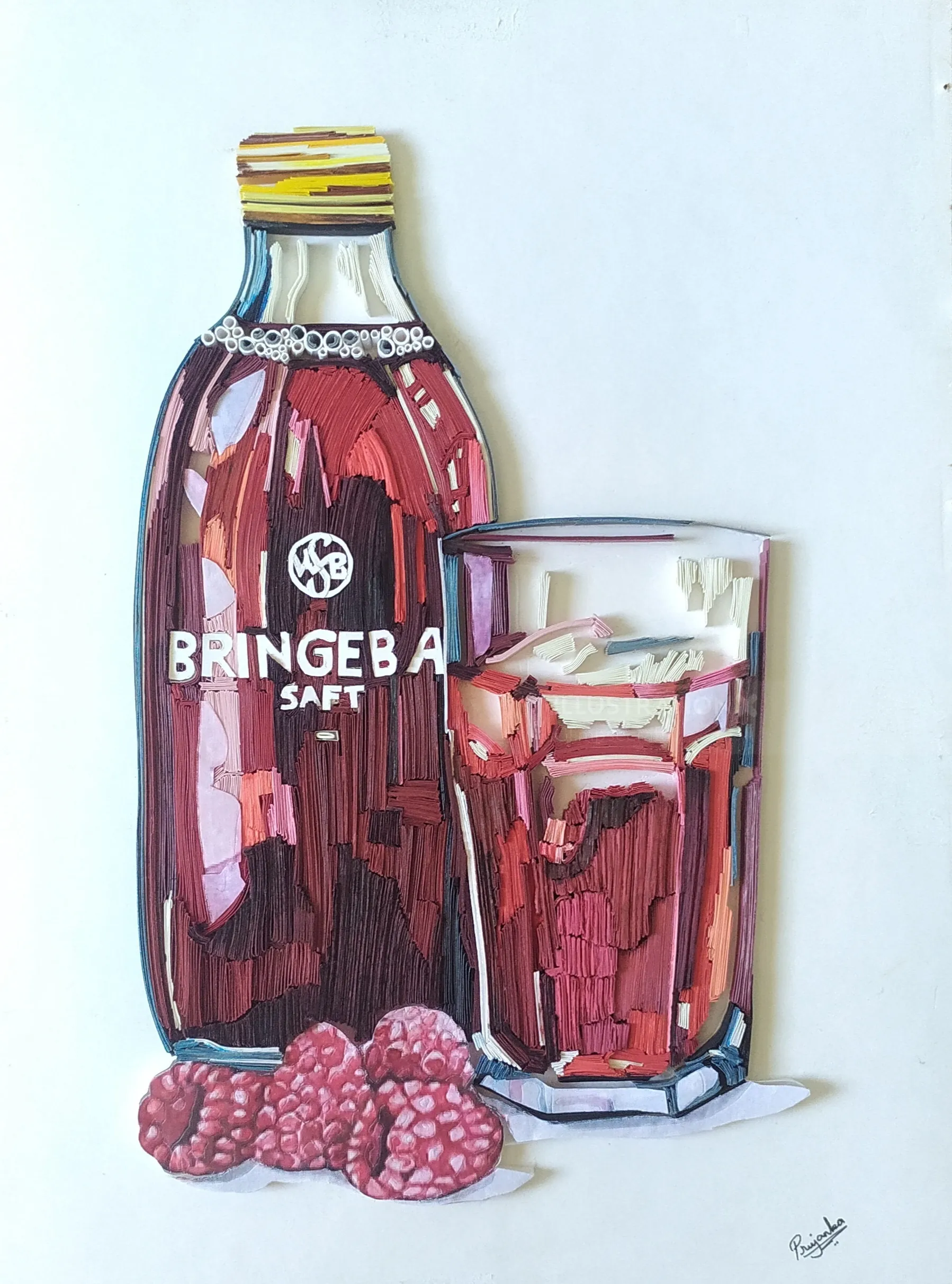 Paper quilling art of red juice bottle, glass, and raspberries by Glimpsecraft