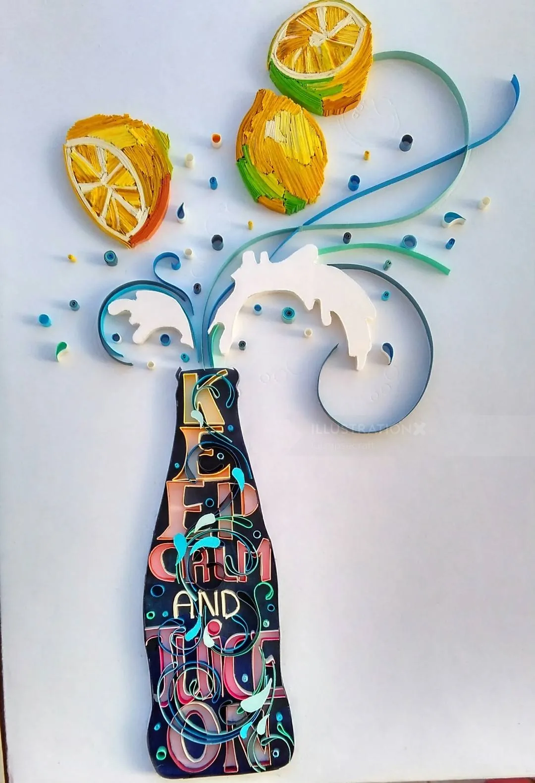 Paper quilling artwork of a juice bottle with lemon slices and splashes, artist Glimpsecraft
