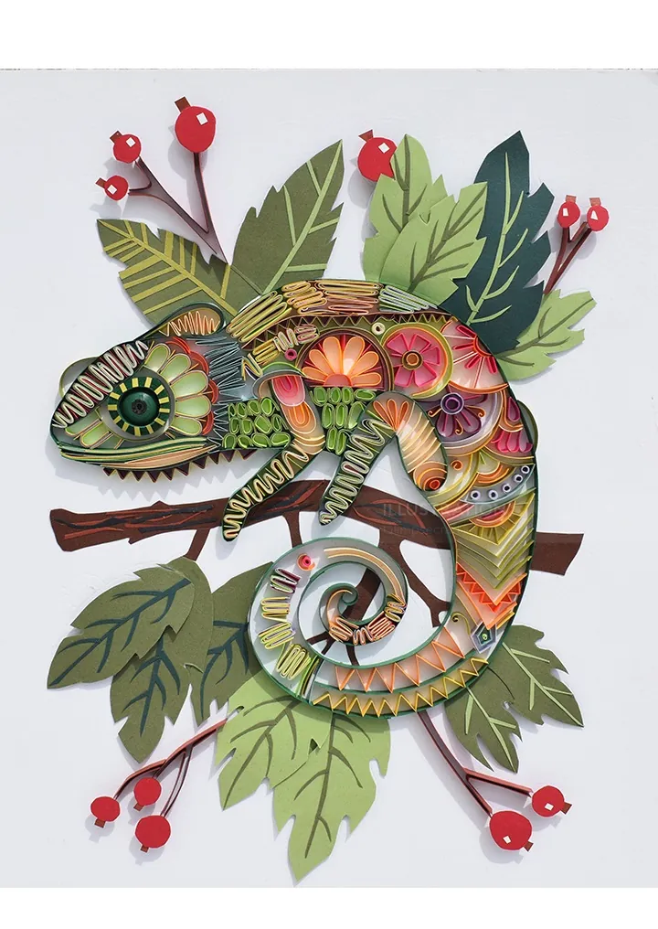A vibrant quilling art chameleon on branch by Glimpsecraft