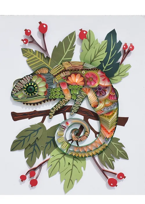 A vibrant quilling art chameleon on branch by Glimpsecraft