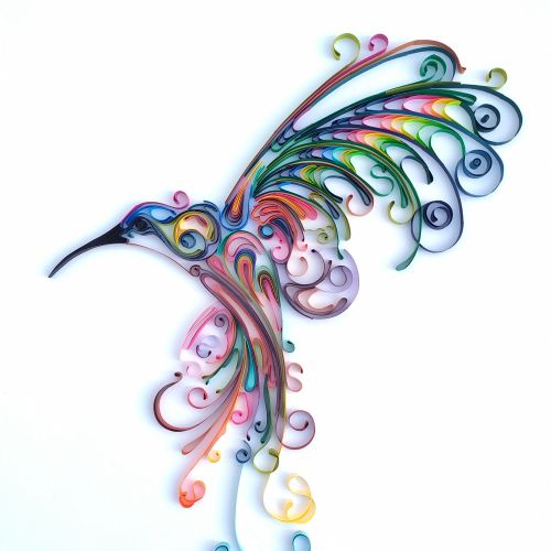 Colorful quilling hummingbird in flight by Glimpsecraft