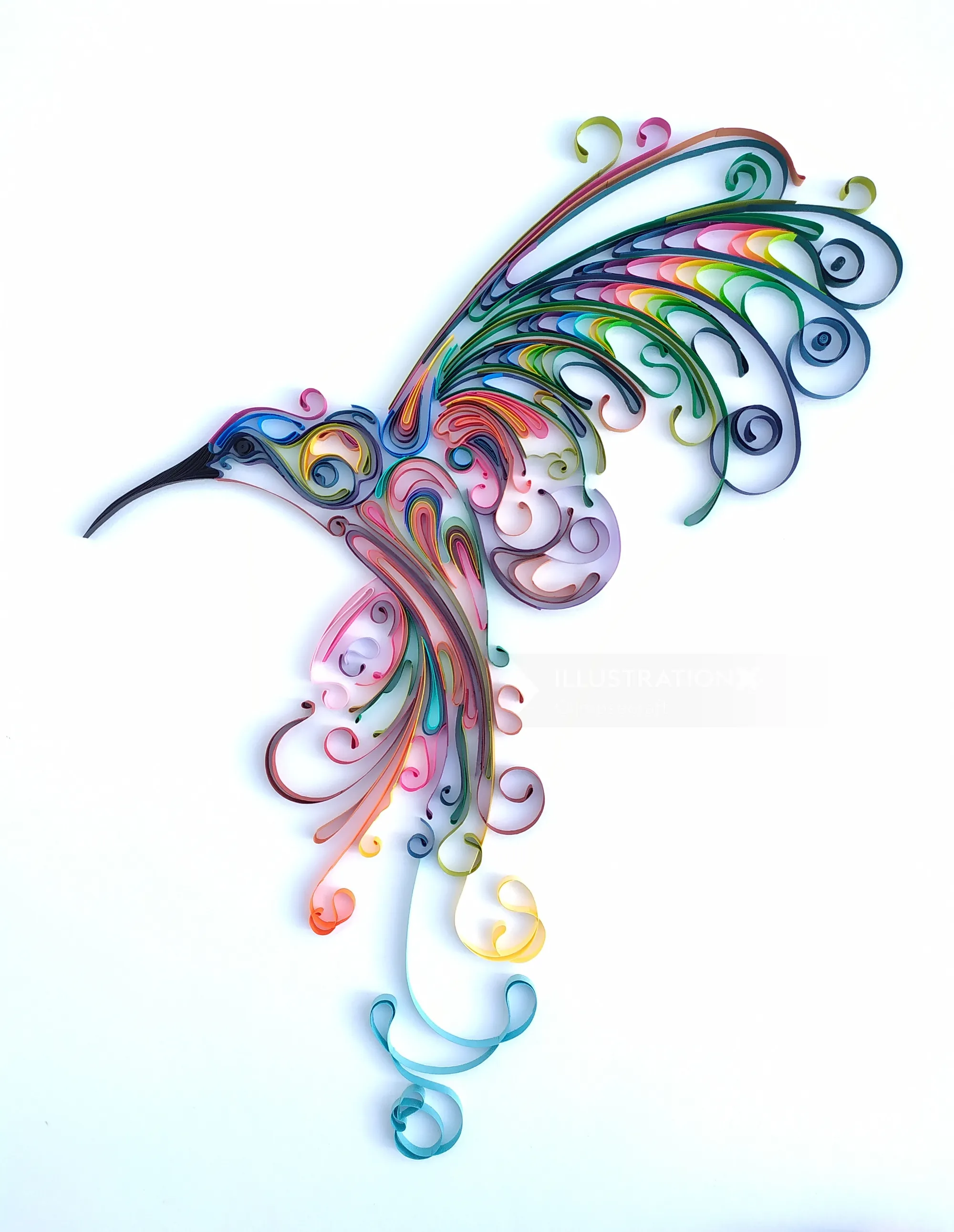 Colorful quilling hummingbird in flight by Glimpsecraft