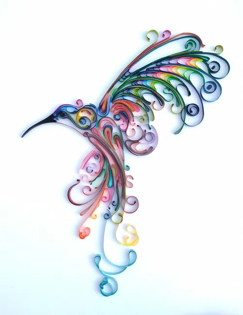Colorful quilling hummingbird in flight by Glimpsecraft