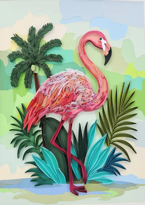 Paper art flamingo surrounded by tropical plants by Glimpsecraft