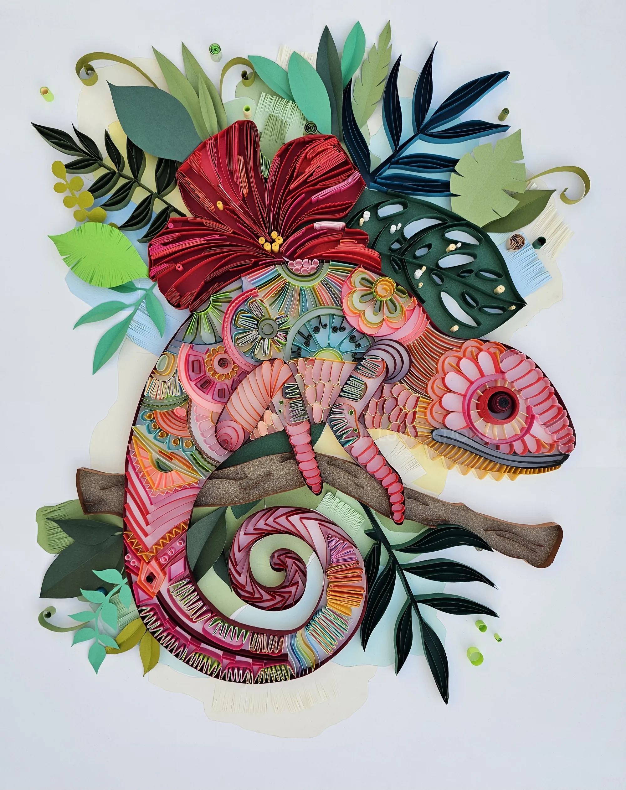 Paper art chameleon surrounded by tropical leaves and flowers by Glimpsecraft