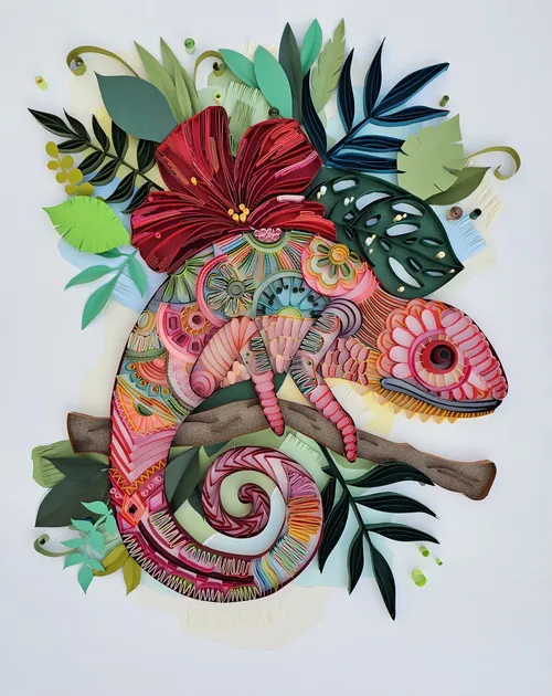 Paper art chameleon surrounded by tropical leaves and flowers by Glimpsecraft