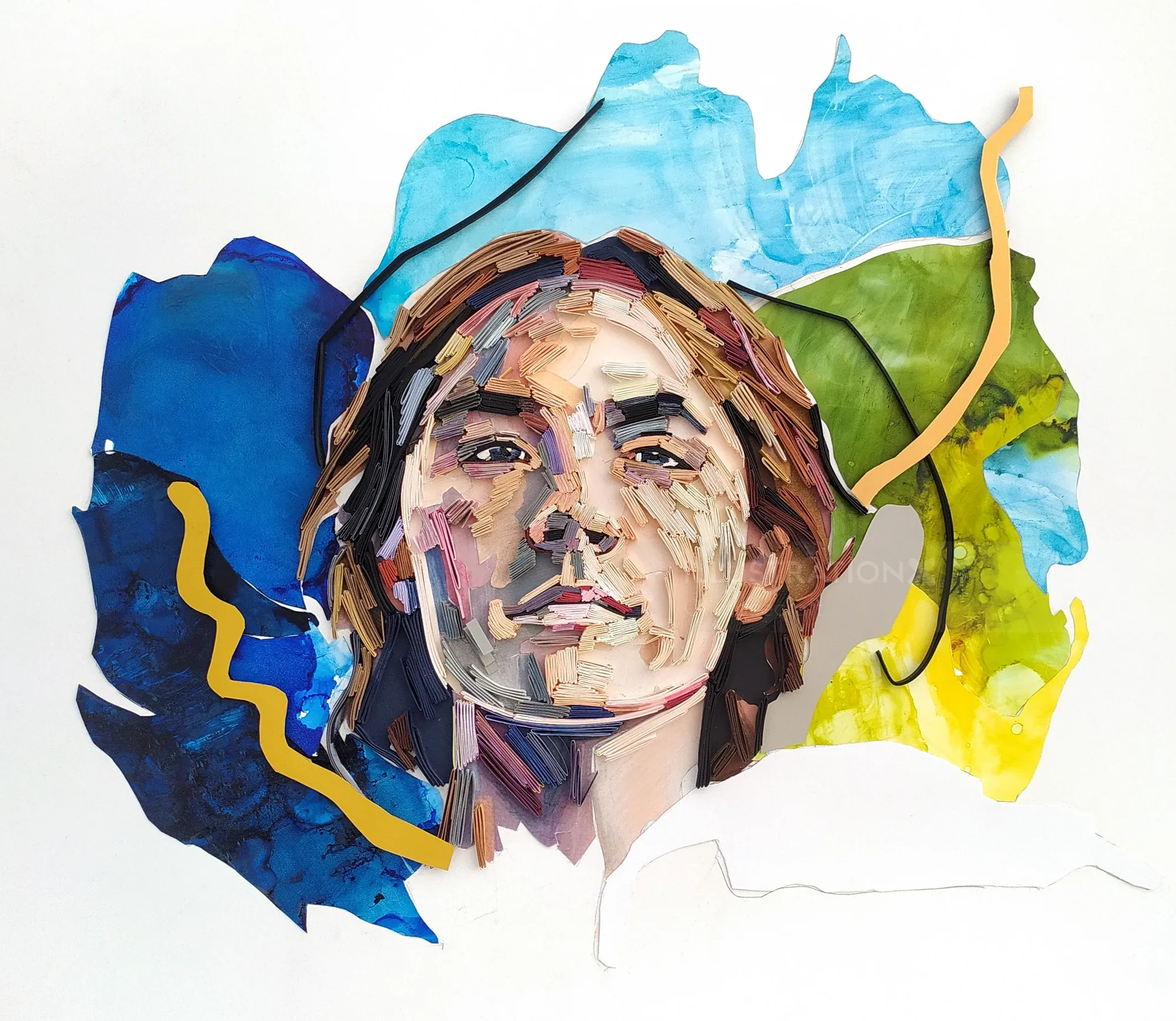 Paper quilling portrait of a person with blue and green abstract shapes by Glimpsecraft