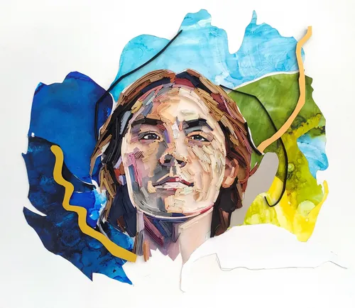 Paper quilling portrait of a person with blue and green abstract shapes by Glimpsecraft