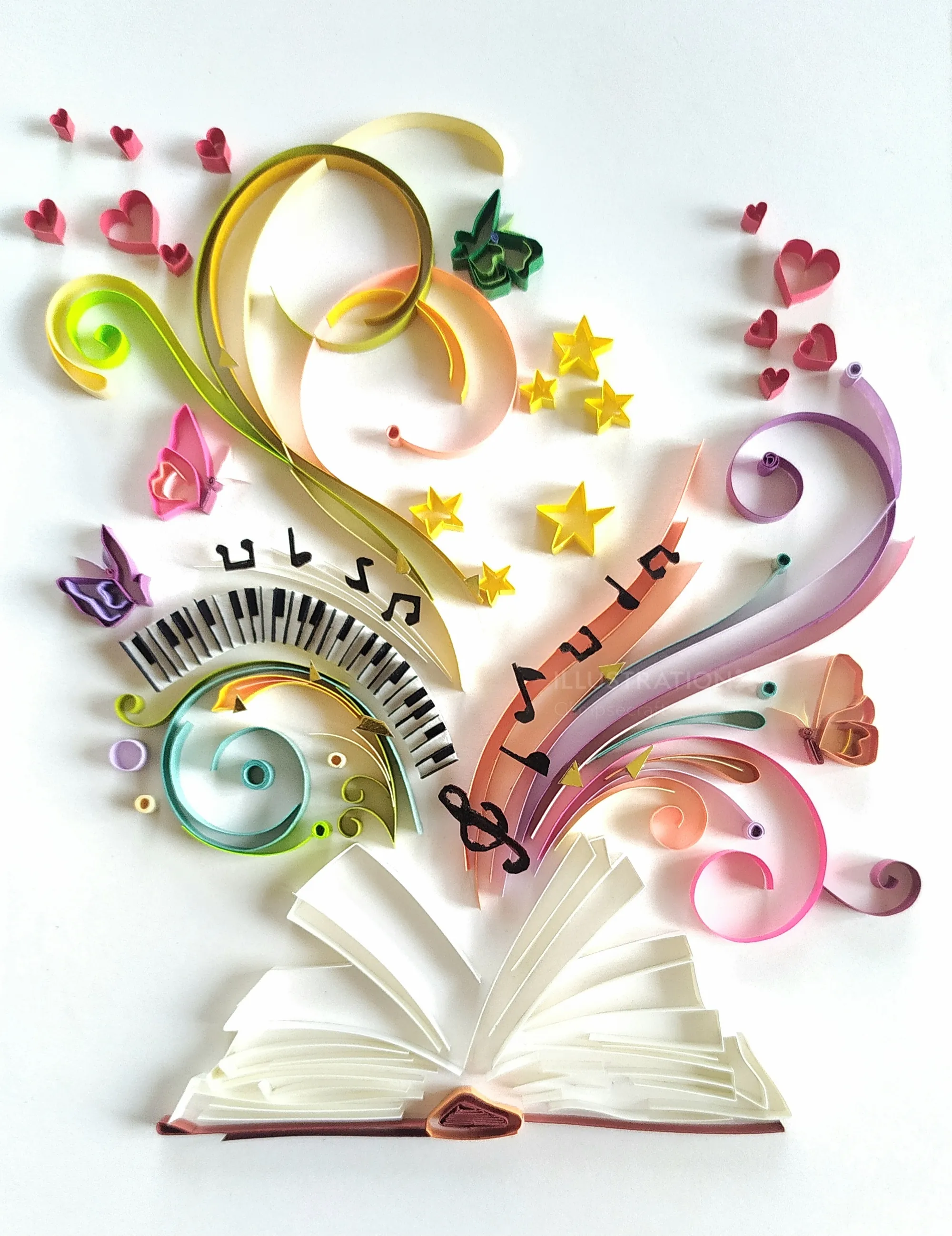 Paper quilling art of open book with colorful musical notes by Glimpsecraft