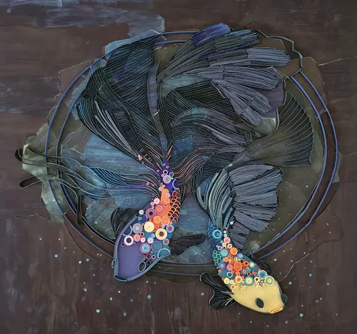 Glimpsecraft artwork showing two colorful koi fish in a cosmic paper collage