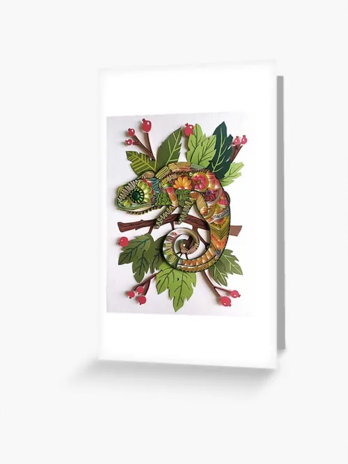 Obra de arte de Glimpsecraft que muestra un colorido camaleón entre hojas y flores tropicales.