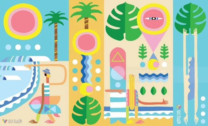 Abstract tropical summer scene with colorful leaves and beach elements by Go Suga