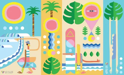 Abstract tropical summer scene with colorful leaves and beach elements by Go Suga