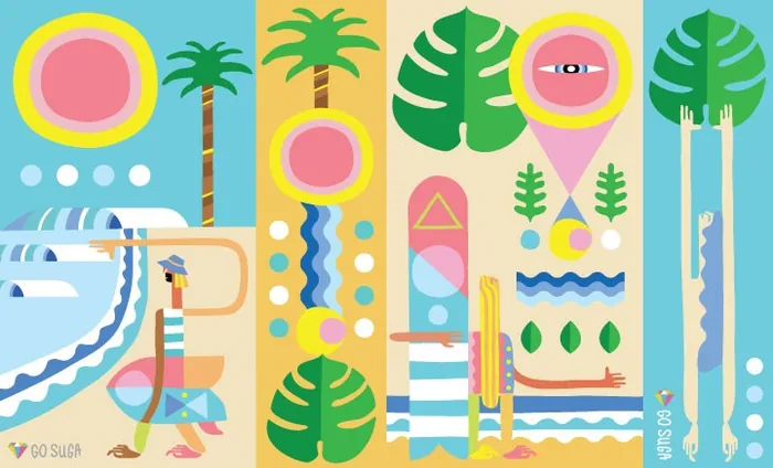 Abstract tropical summer scene with colorful leaves and beach elements by Go Suga