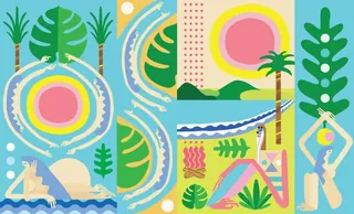 Abstract tropical landscape with plants, sun, water, and human figures by Go Suga