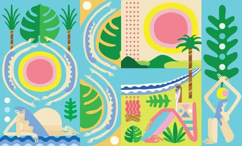 Abstract tropical landscape with plants, sun, water, and human figures by Go Suga