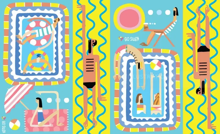 Colorful pool scene with swimmers and umbrellas by Go Suga