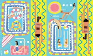 Colorful pool scene with swimmers and umbrellas by Go Suga